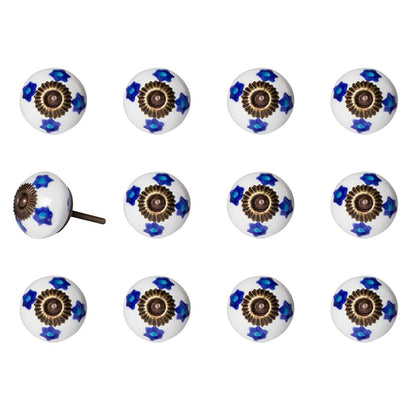 Set of Twelve Blue White And Turquoise Floral Ceramic Drawer Pull Knobs
