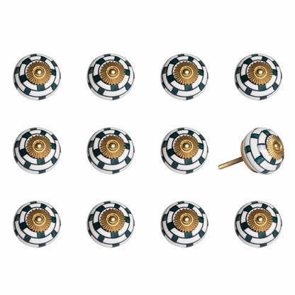 Set of Twelve White Teal And Gold Geometric Ceramic Drawer Pull Knobs