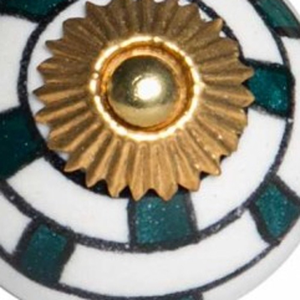 Set of Twelve White Teal And Gold Geometric Ceramic Drawer Pull Knobs