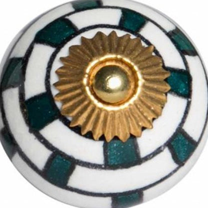 Set of Twelve White Teal And Gold Geometric Ceramic Drawer Pull Knobs