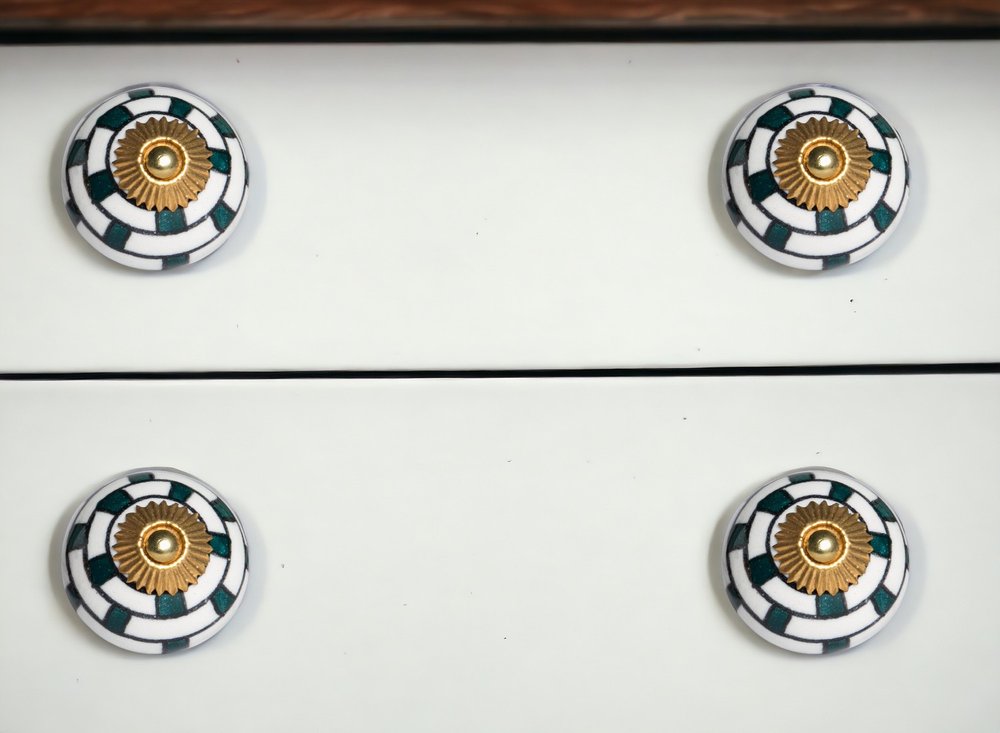 Set of Twelve White Teal And Gold Geometric Ceramic Drawer Pull Knobs