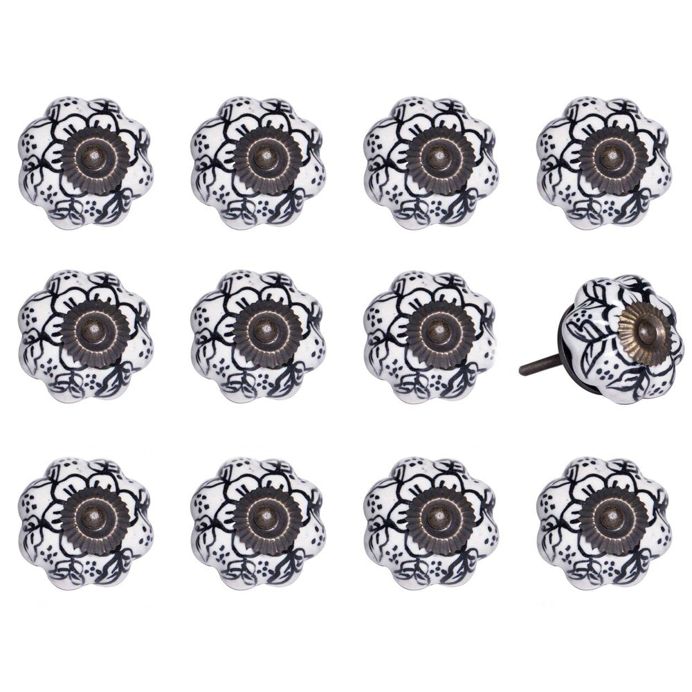 Set of Twelve Black And White Floral Ceramic Drawer Pull Knobs