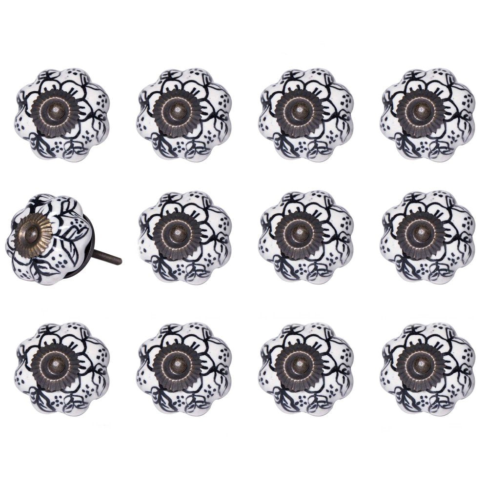 Set of Twelve Black And White Floral Ceramic Drawer Pull Knobs