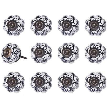Set of Twelve Black And White Floral Ceramic Drawer Pull Knobs