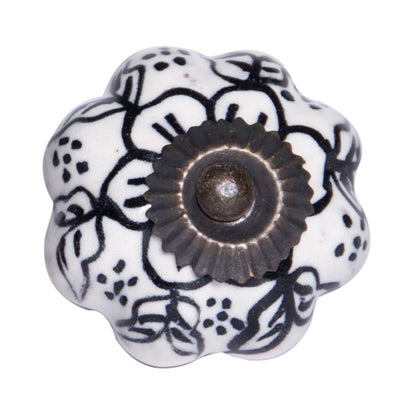 Set of Twelve Black And White Floral Ceramic Drawer Pull Knobs