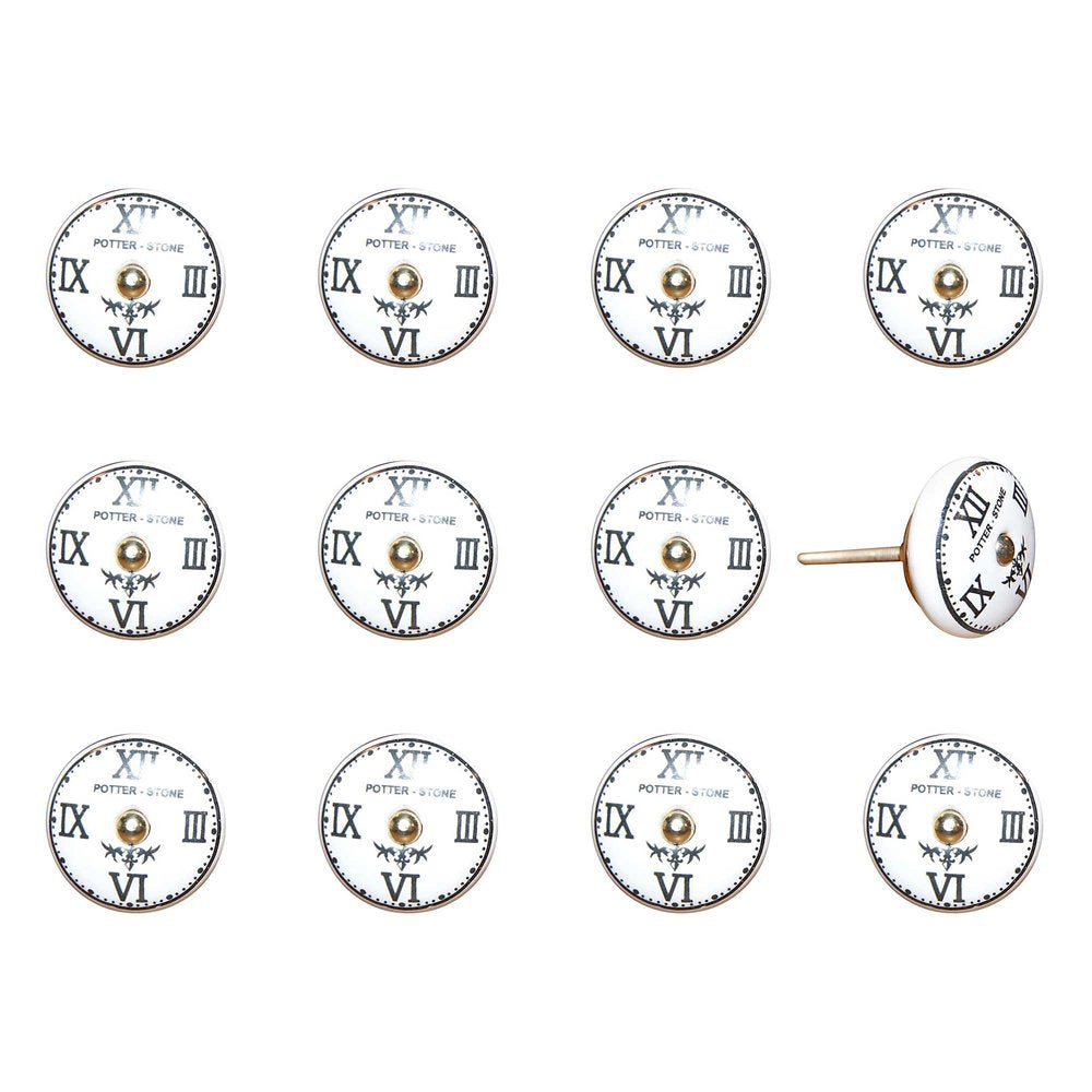 Set of Twelve Black White And Gold Clock Face Ceramic Drawer Pull Knobs