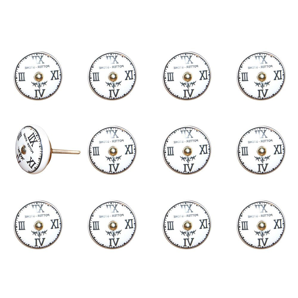 Set of Twelve Black White And Gold Clock Face Ceramic Drawer Pull Knobs