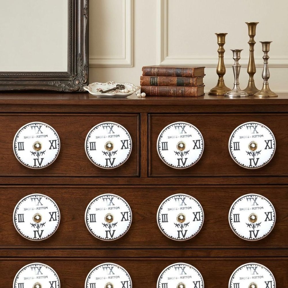 Set of Twelve Black White And Gold Clock Face Ceramic Drawer Pull Knobs