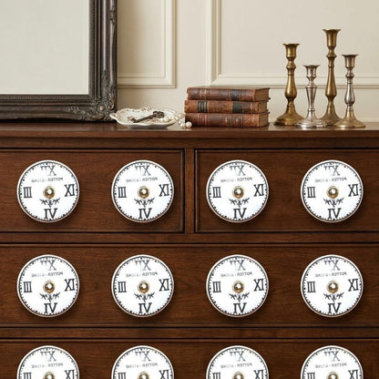 Set of Twelve Black White And Gold Clock Face Ceramic Drawer Pull Knobs