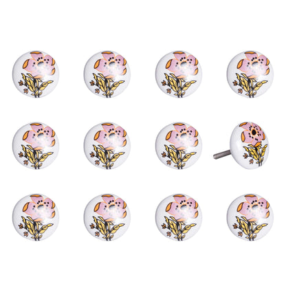 Set of Twelve Pink And White Floral Ceramic Drawer Pull Knobs