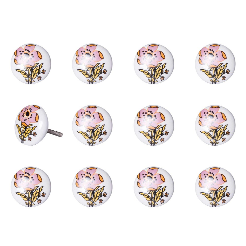 Set of Twelve Pink And White Floral Ceramic Drawer Pull Knobs