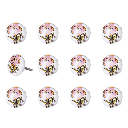 Set of Twelve Pink And White Floral Ceramic Drawer Pull Knobs