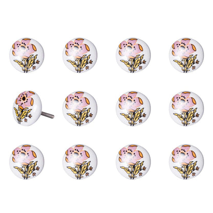 Set of Twelve Pink And White Floral Ceramic Drawer Pull Knobs