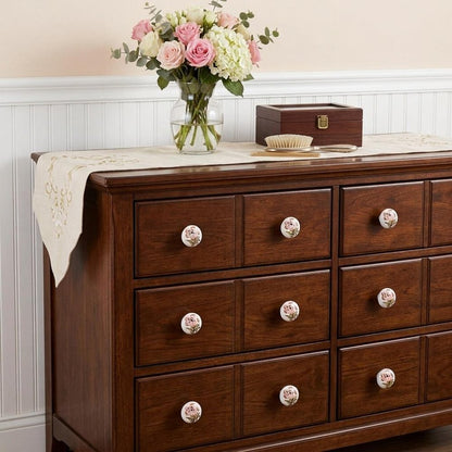 Set of Twelve Pink And White Floral Ceramic Drawer Pull Knobs