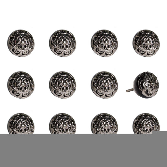 Set of Twelve Black And Silver Ceramic Filigree Floral Drawer Pull Knobs