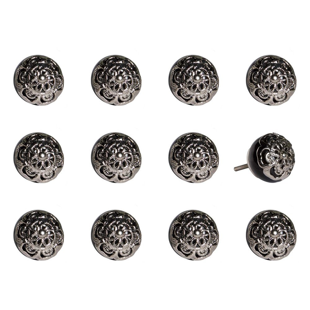 Set of Twelve Black And Silver Ceramic Filigree Floral Drawer Pull Knobs