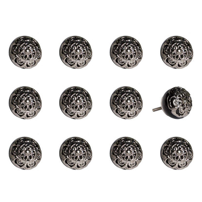Set of Twelve Black And Silver Ceramic Filigree Floral Drawer Pull Knobs