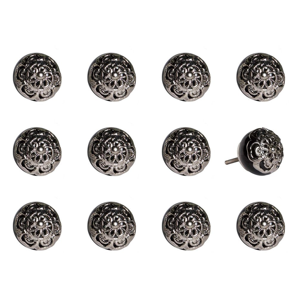 Set of Twelve Black And Silver Ceramic Filigree Floral Drawer Pull Knobs