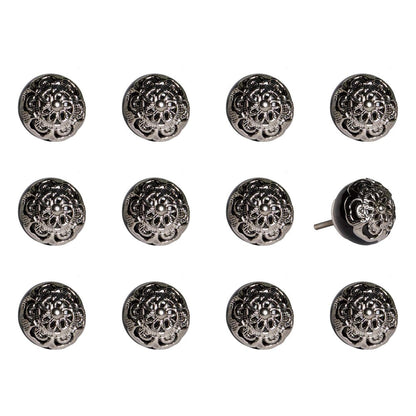 Set of Twelve Black And Silver Ceramic Filigree Floral Drawer Pull Knobs