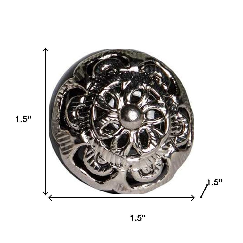 Set of Twelve Black And Silver Ceramic Filigree Floral Drawer Pull Knobs