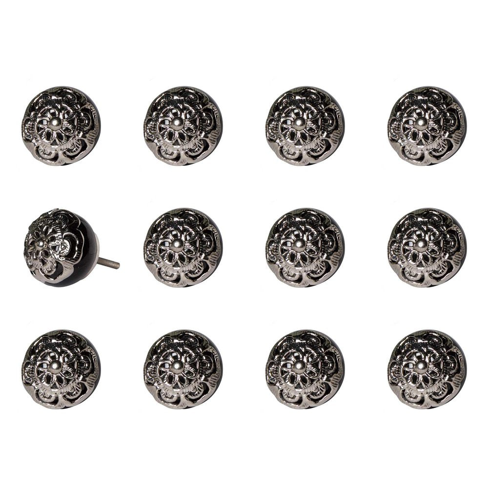 Set of Twelve Black And Silver Ceramic Filigree Floral Drawer Pull Knobs