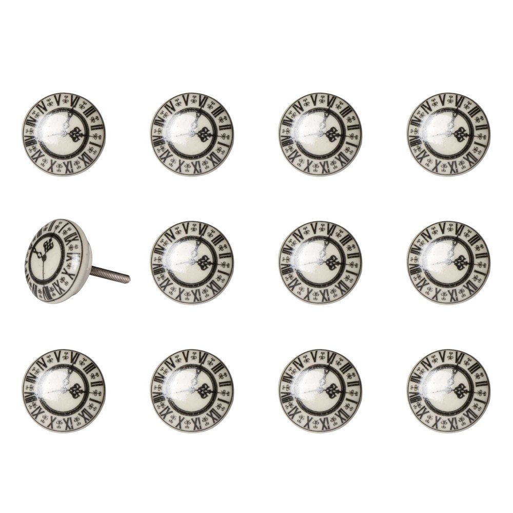 Set of Twelve Black And Gray Clock Face Ceramic Drawer Pull Knobs