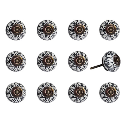 Set of Twelve Black And White Floral Ceramic Drawer Pull Knobs