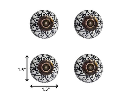 Set of Twelve Black And White Floral Ceramic Drawer Pull Knobs