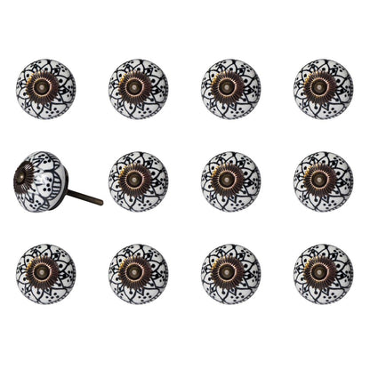 Set of Twelve Black And White Floral Ceramic Drawer Pull Knobs