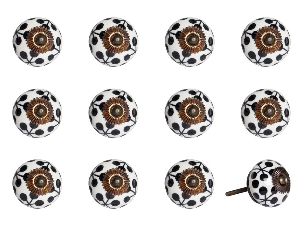 Set of Twelve Black White And Copper Ceramic Geometric Drawer Pull Knobs