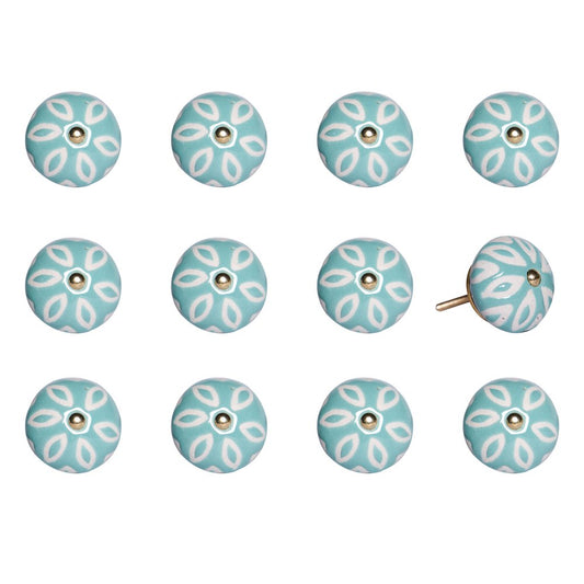 Set of Twelve Aqua And White Geometric Ceramic Drawer Pull Knobs