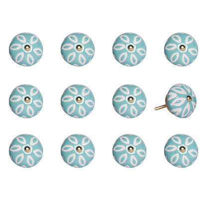 Set of Twelve Aqua And White Geometric Ceramic Drawer Pull Knobs