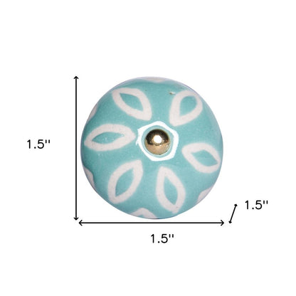 Set of Twelve Aqua And White Geometric Ceramic Drawer Pull Knobs