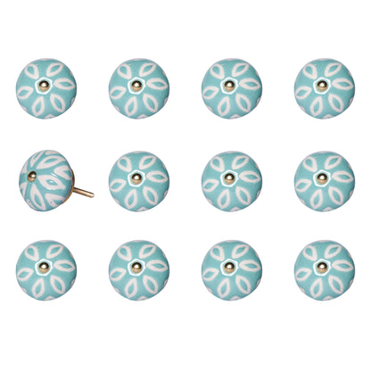 Set of Twelve Aqua And White Geometric Ceramic Drawer Pull Knobs