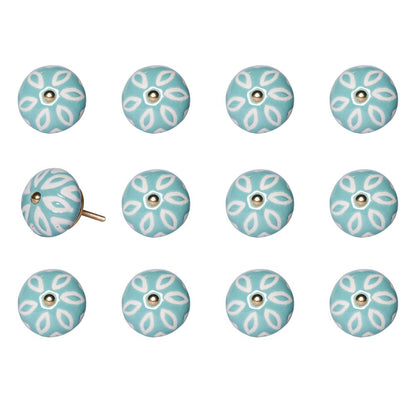 Set of Twelve Aqua And White Geometric Ceramic Drawer Pull Knobs