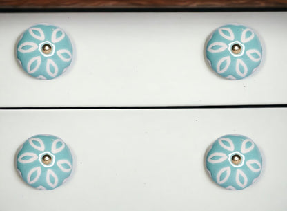 Set of Twelve Aqua And White Geometric Ceramic Drawer Pull Knobs
