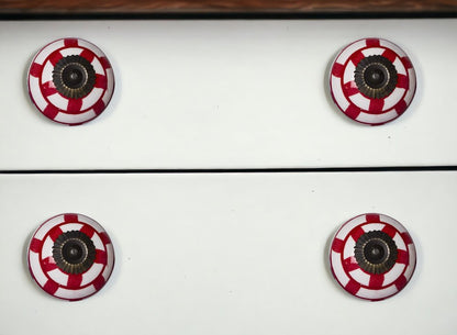 Set of Twelve Red And White Geometric Ceramic Drawer Pull Knobs
