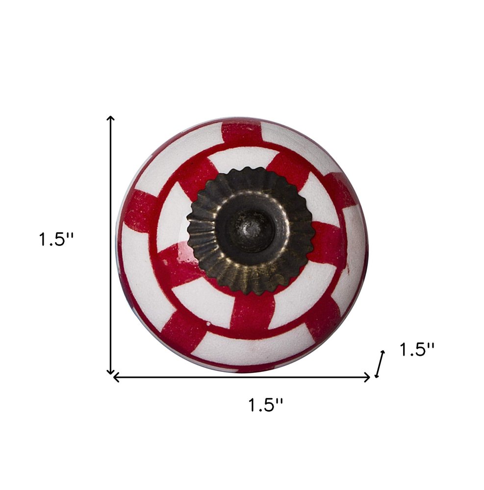 Set of Twelve Red And White Geometric Ceramic Drawer Pull Knobs