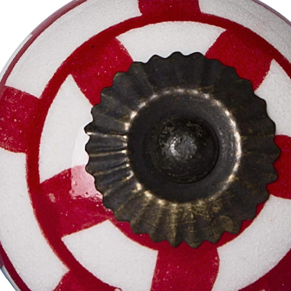 Set of Twelve Red And White Geometric Ceramic Drawer Pull Knobs