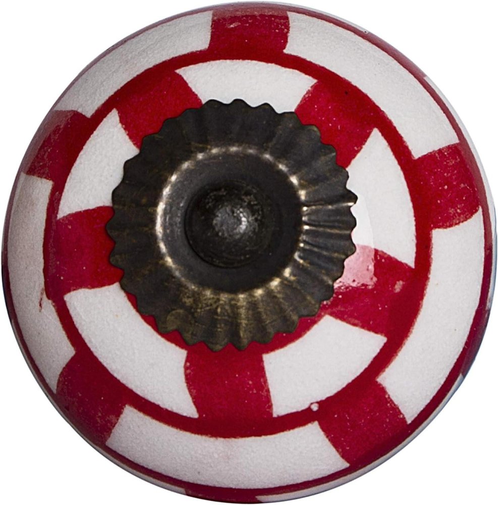 Set of Twelve Red And White Geometric Ceramic Drawer Pull Knobs