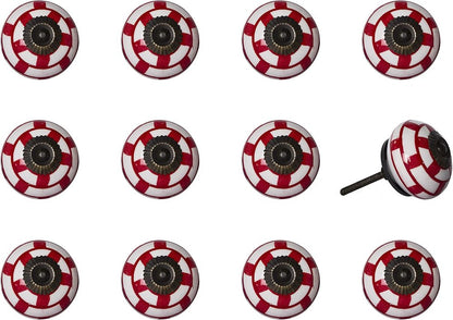 Set of Twelve Red And White Geometric Ceramic Drawer Pull Knobs