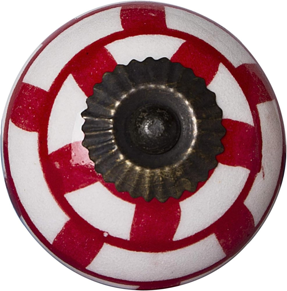 Set of Twelve Red And White Geometric Ceramic Drawer Pull Knobs