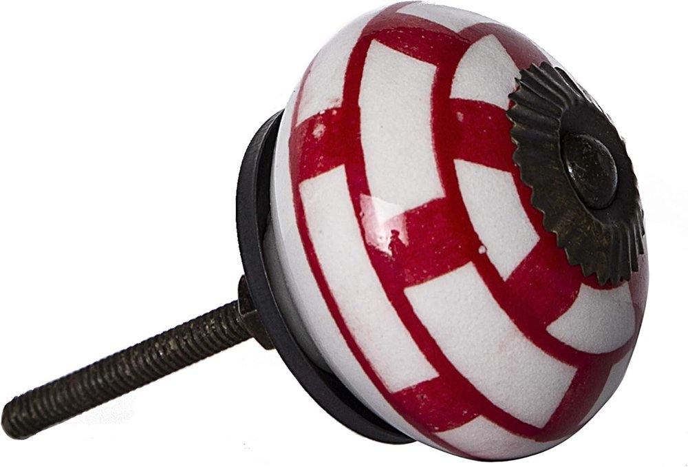 Set of Twelve Red And White Geometric Ceramic Drawer Pull Knobs