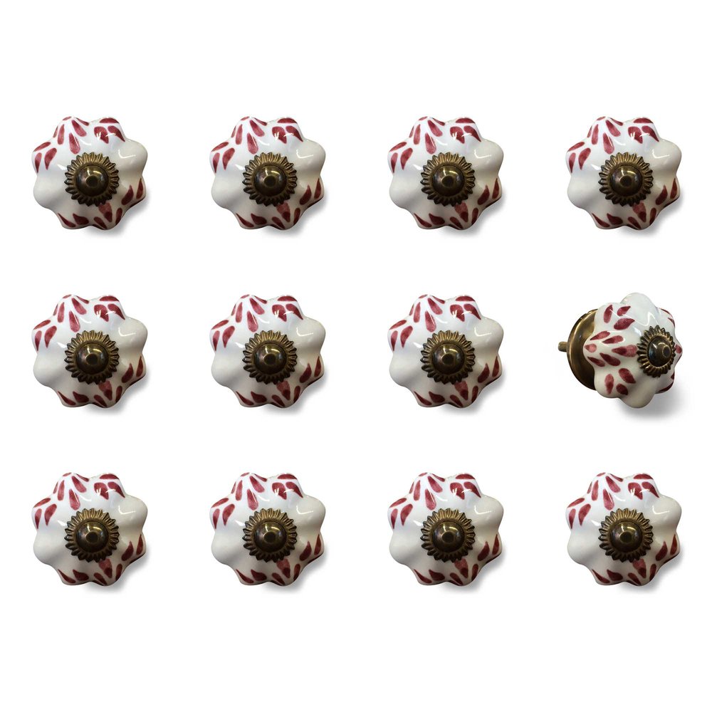 Set of Twelve Burgundy White And Copper Floral Ceramic Drawer Pull Knobs