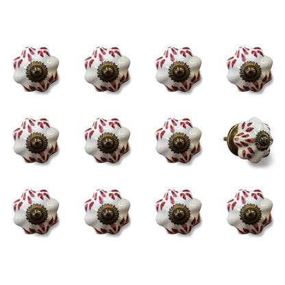 Set of Twelve Burgundy White And Copper Floral Ceramic Drawer Pull Knobs