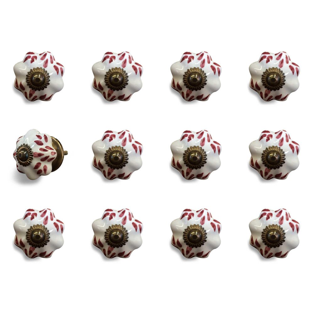 Set of Twelve Burgundy White And Copper Floral Ceramic Drawer Pull Knobs