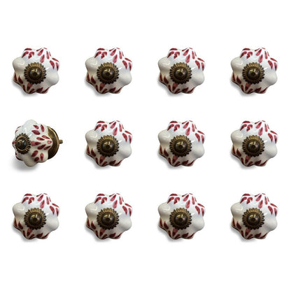 Set of Twelve Burgundy White And Copper Floral Ceramic Drawer Pull Knobs