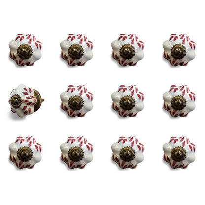 Set of Twelve Burgundy White And Copper Floral Ceramic Drawer Pull Knobs