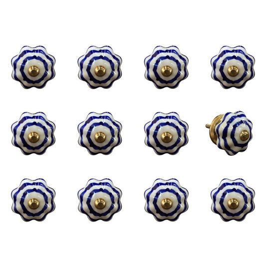 Set of Twelve Blue White And Copper Floral Ceramic Drawer Pull Knobs