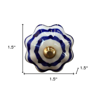 Set of Twelve Blue White And Copper Floral Ceramic Drawer Pull Knobs